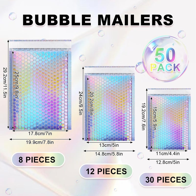 MOUCHOT Bubble Mailers, 50 Pack Holographic Bubble Mailers with 3 Sizes, Waterproof Self Seal Adhesive Foil Glitter Glamour Shipping Bags for Mailing, Packing, Small Business, Jewelry Makeup Supplies - Image 2